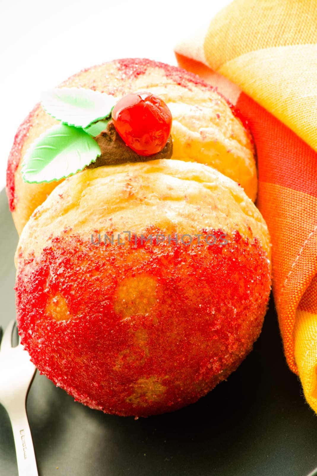 homemade cake as a peach with peach filling on white background