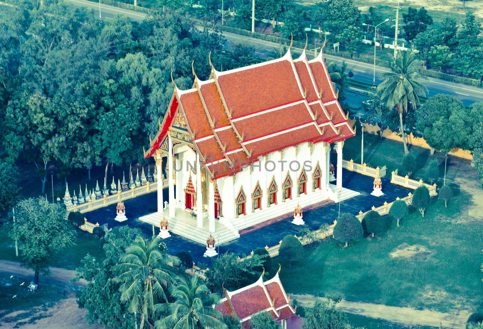 Ancient Thai temple in bird eyes view, Mareukkhathaiyayhan temple; Thailand
