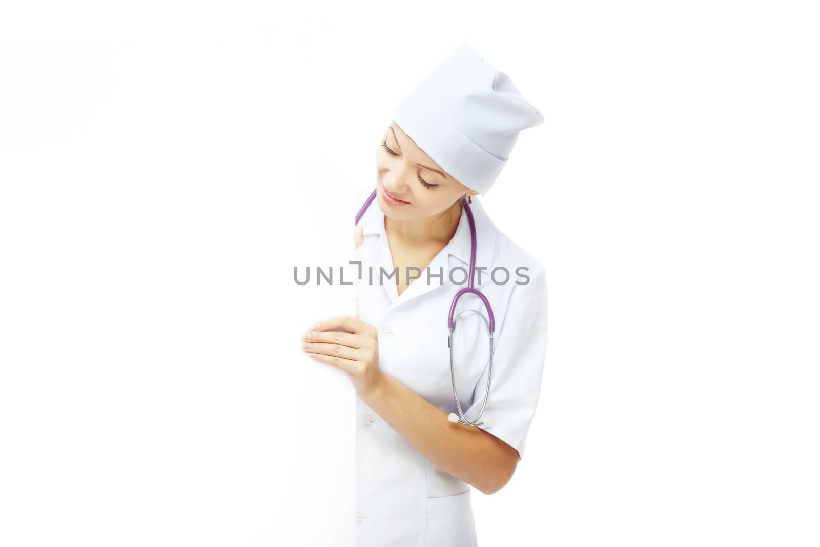 Female in the doctor uniform holding the blank billboard. Blank sign theme