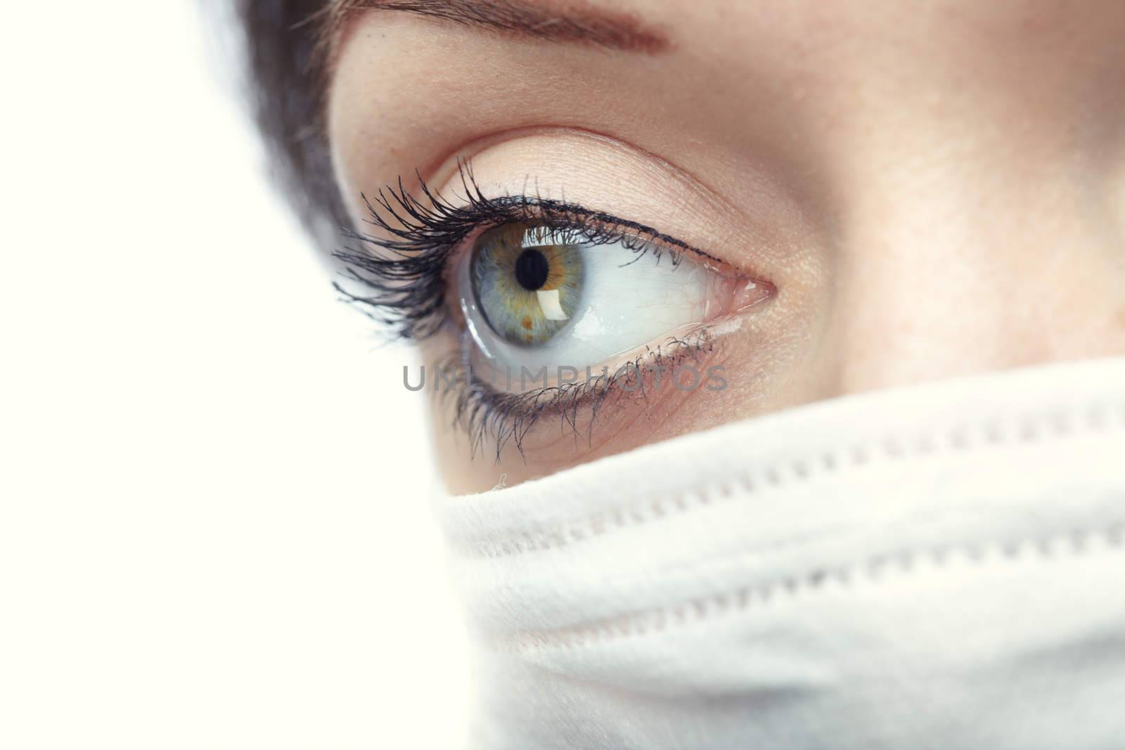 Eye of the doctor in medical protective mask. Close-up studio photo