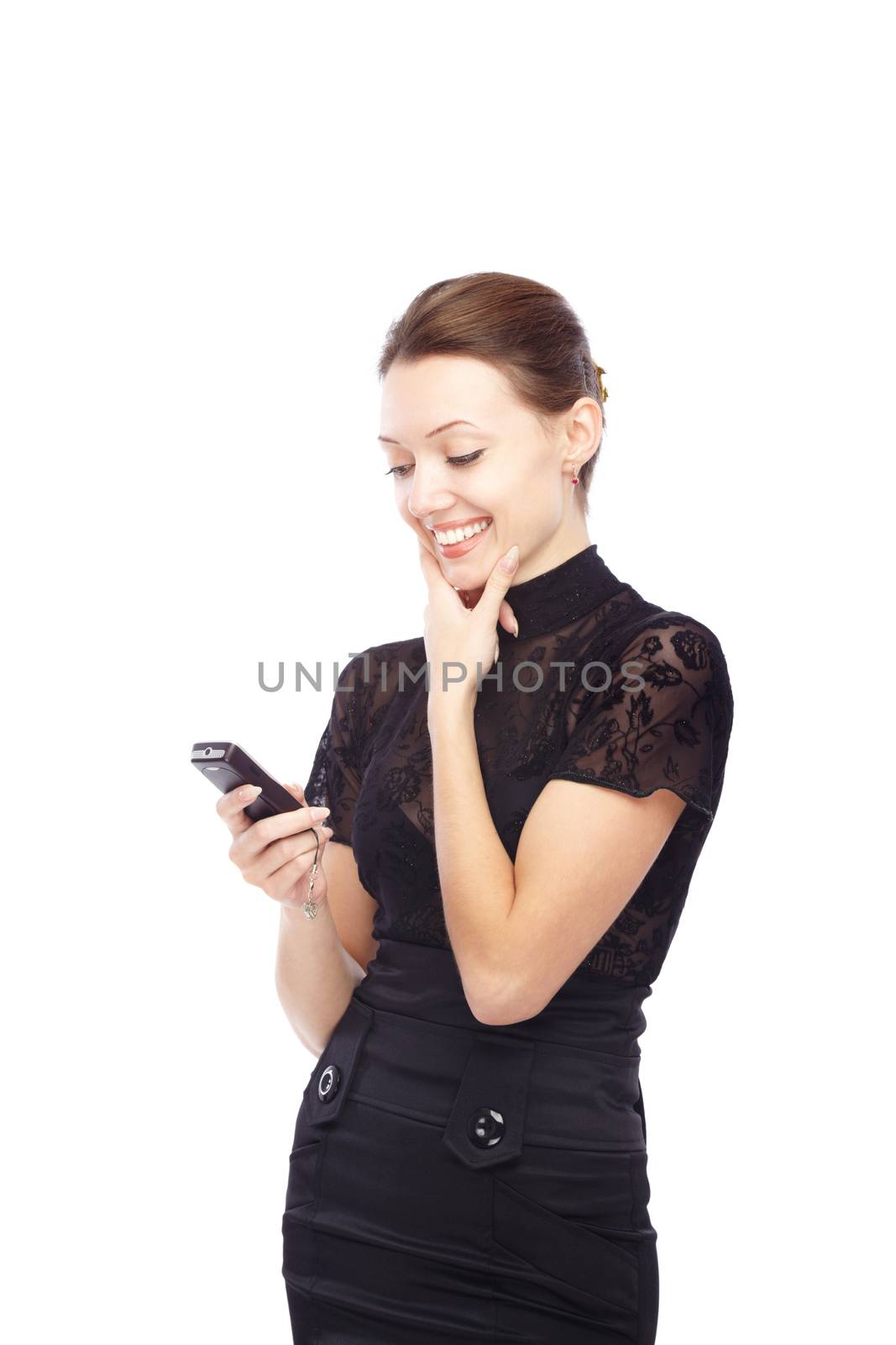 Joyful lady holding cell phone and sending SMS