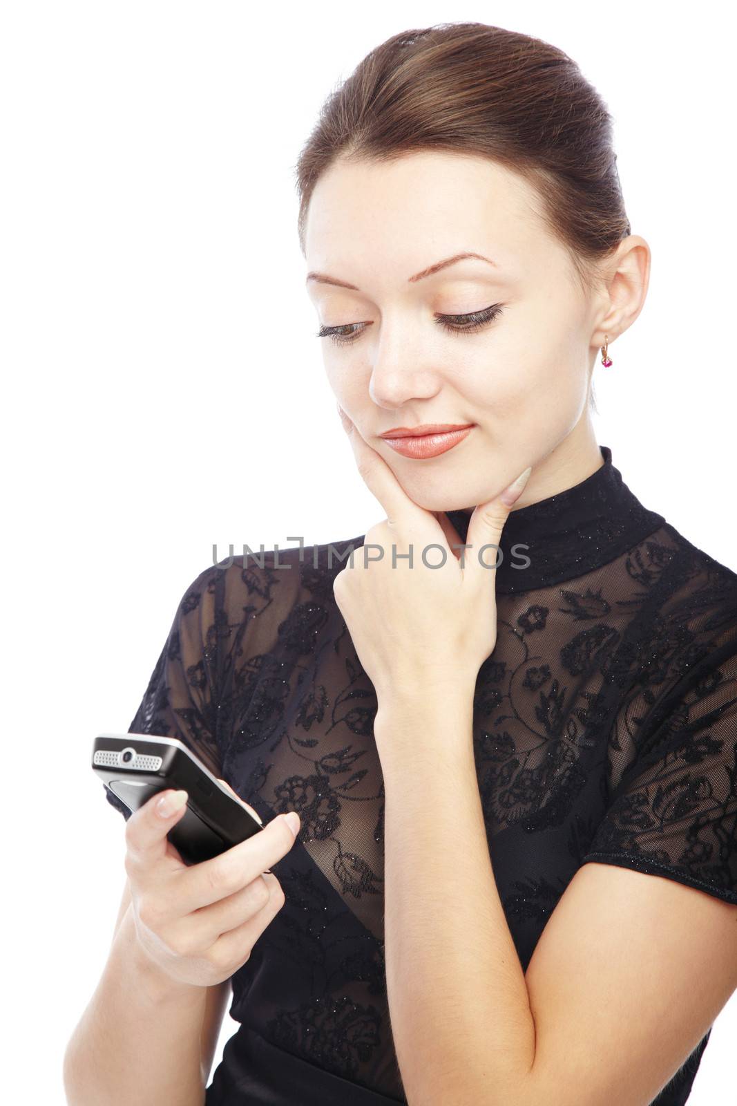 Thinking lady with cellphone reading SMS