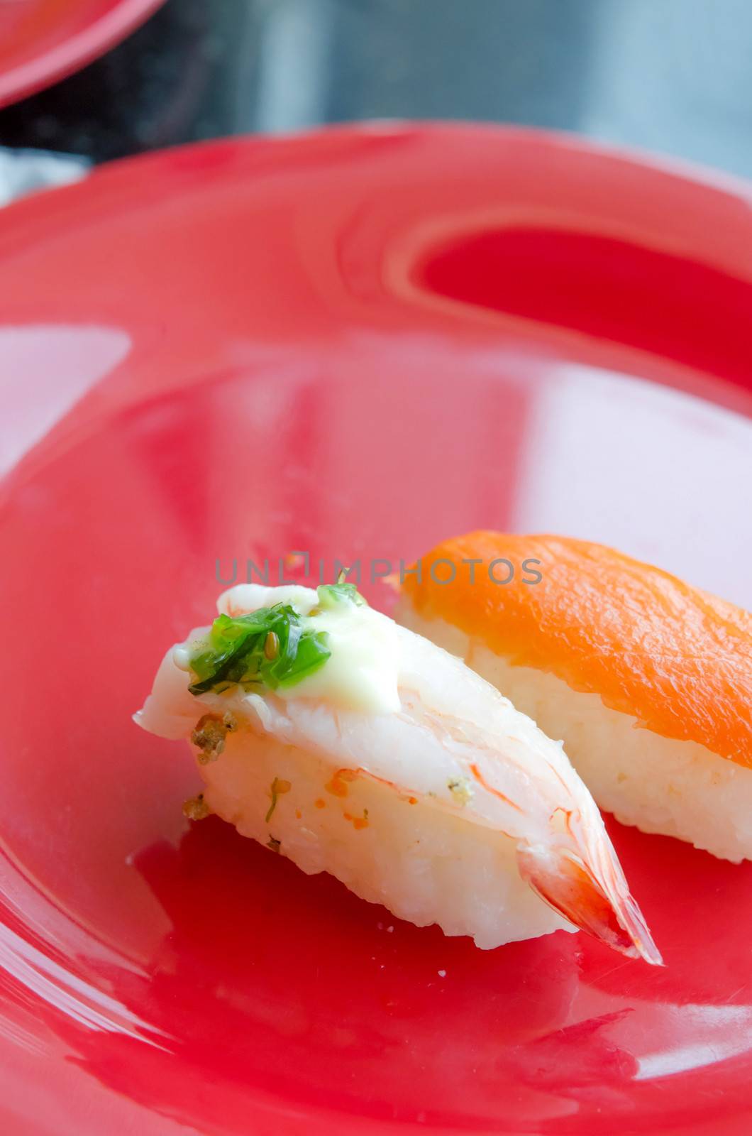 Sushi with Shrimps and  sushi with salmon