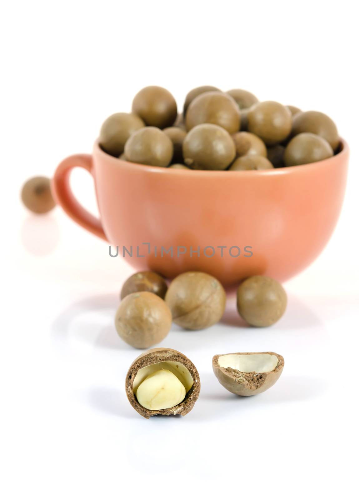 Shelled and unshelled macadamia nuts  in bowl