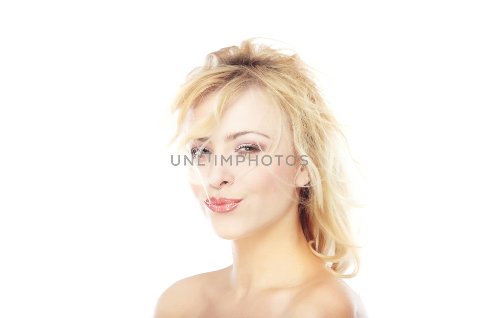 Young attractive blond lady on a white background