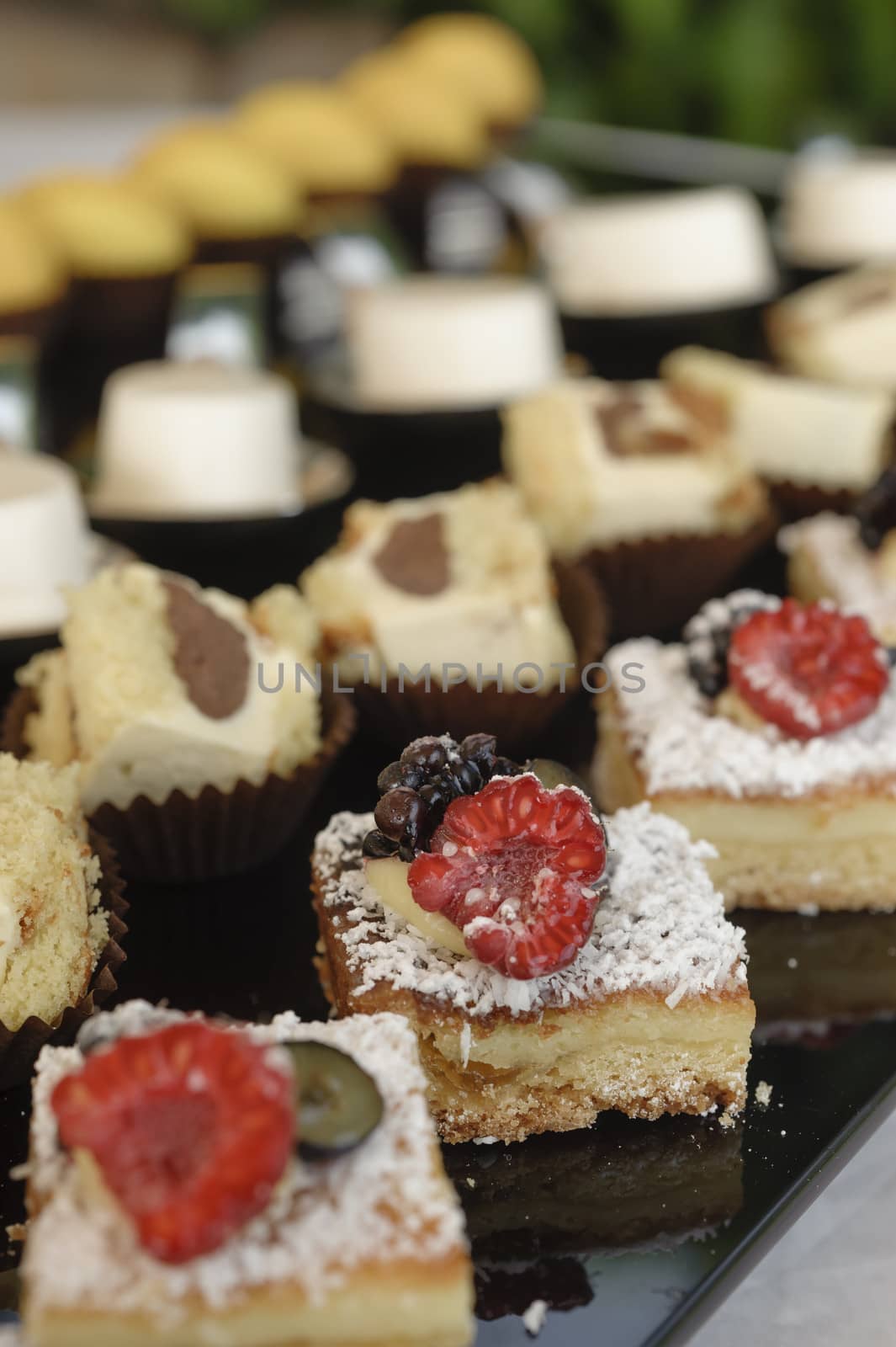 Variety of italian pastry on tray display