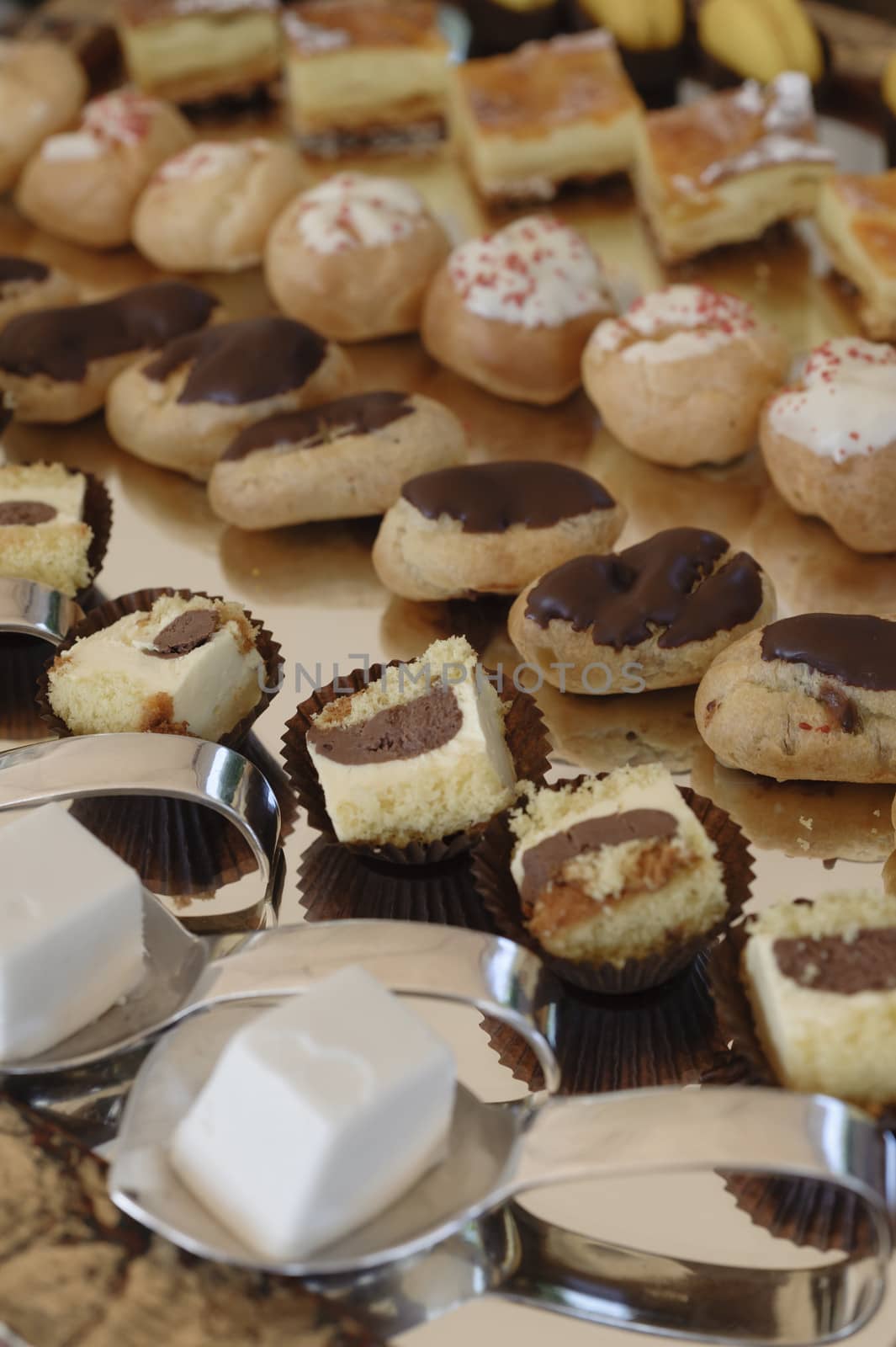 Variety of italian pastry on tray display