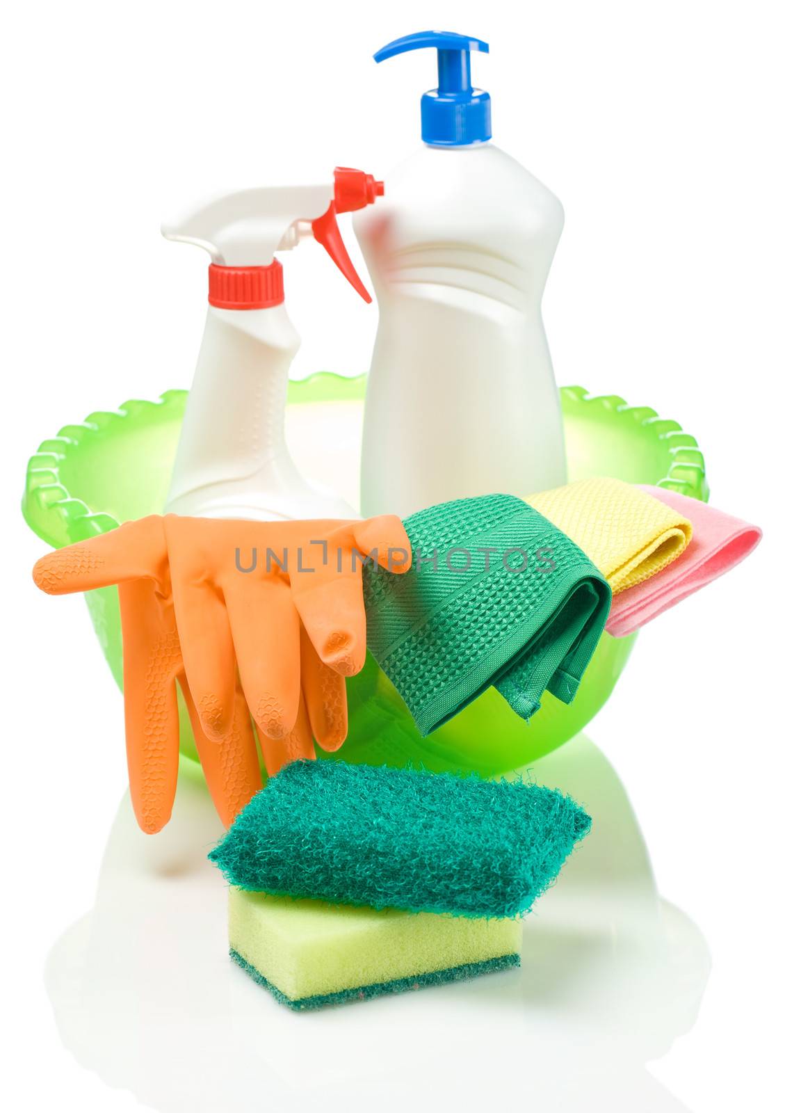 green basin with cleaning articles