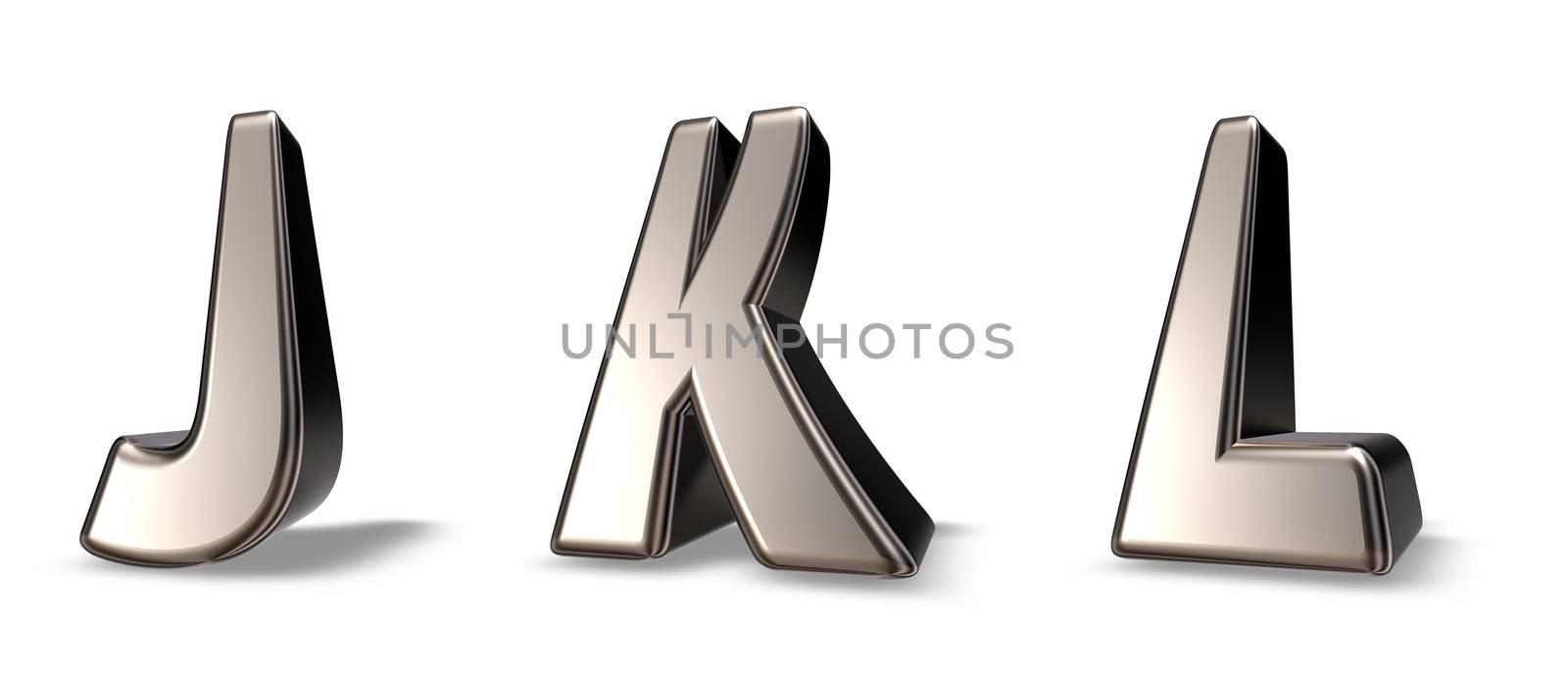 metal letters jkl on white background - 3d illustration