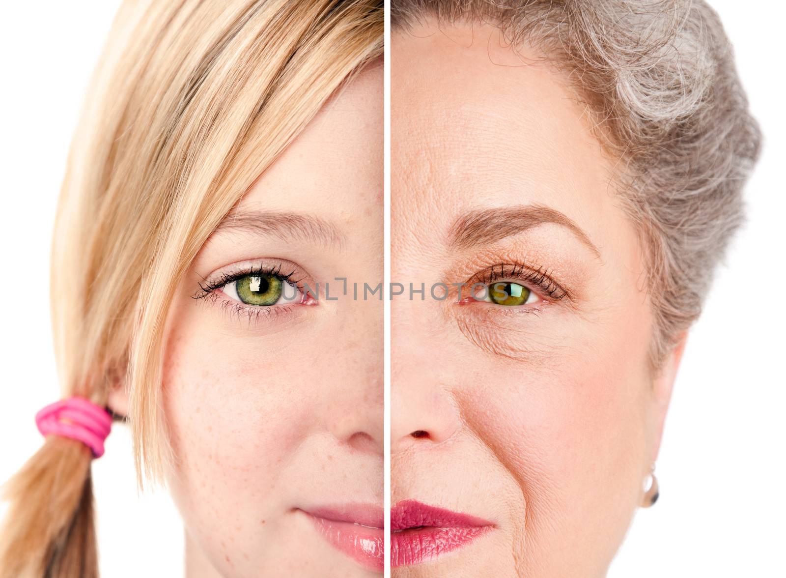 Beautiful watchful eye of a healthy girl and senior woman, ageing concept, isolated.