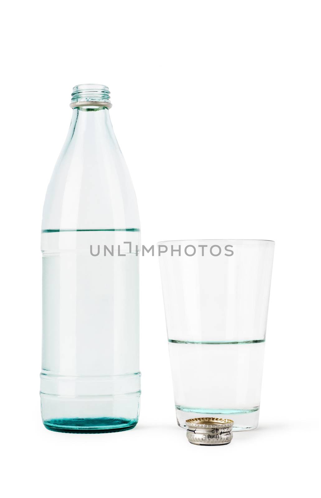 Bottle and glass with water and a cover it is isolated