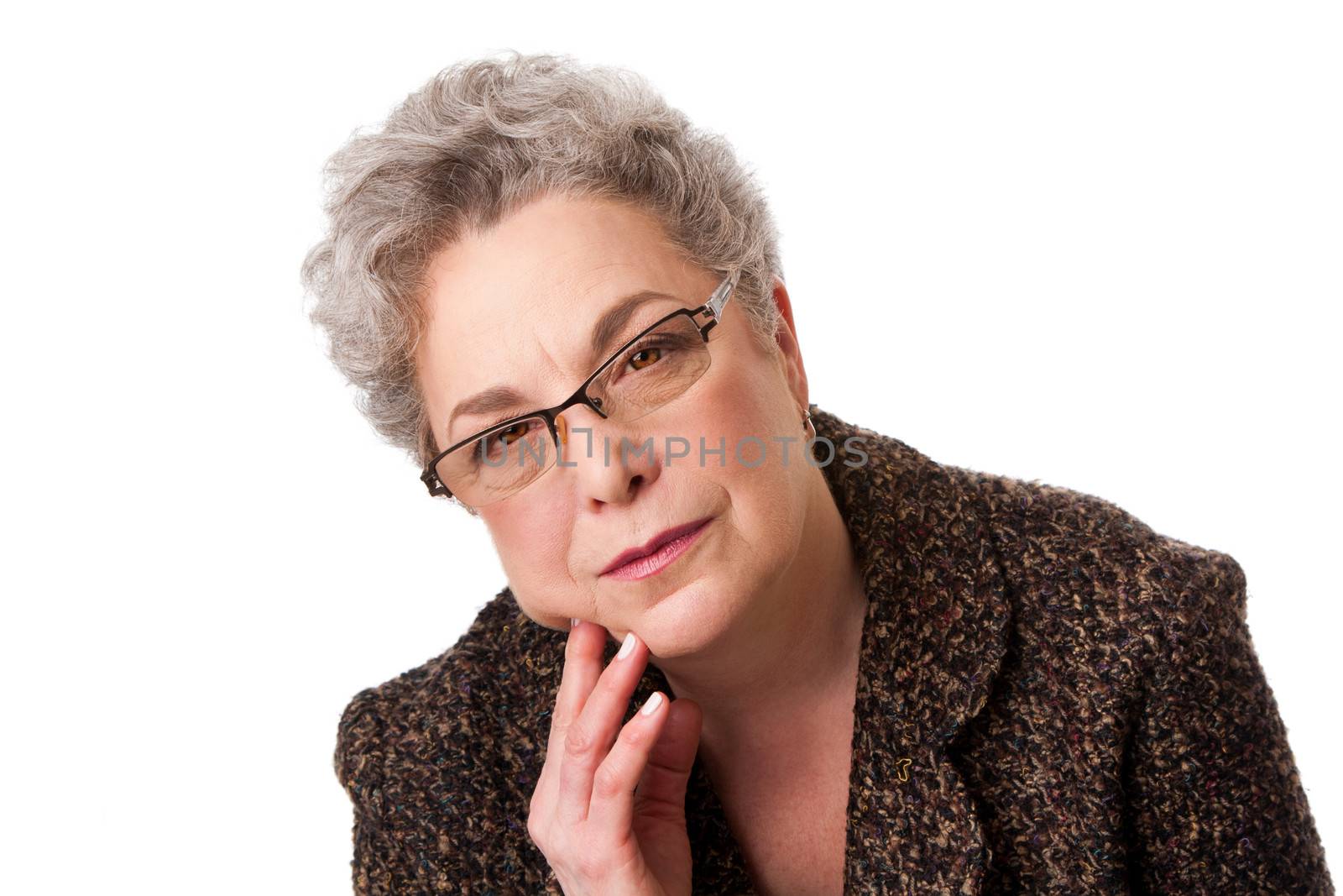 Beautiful senior woman with gray hair thinking about future and hand on cheek wearing glasses, isolated.