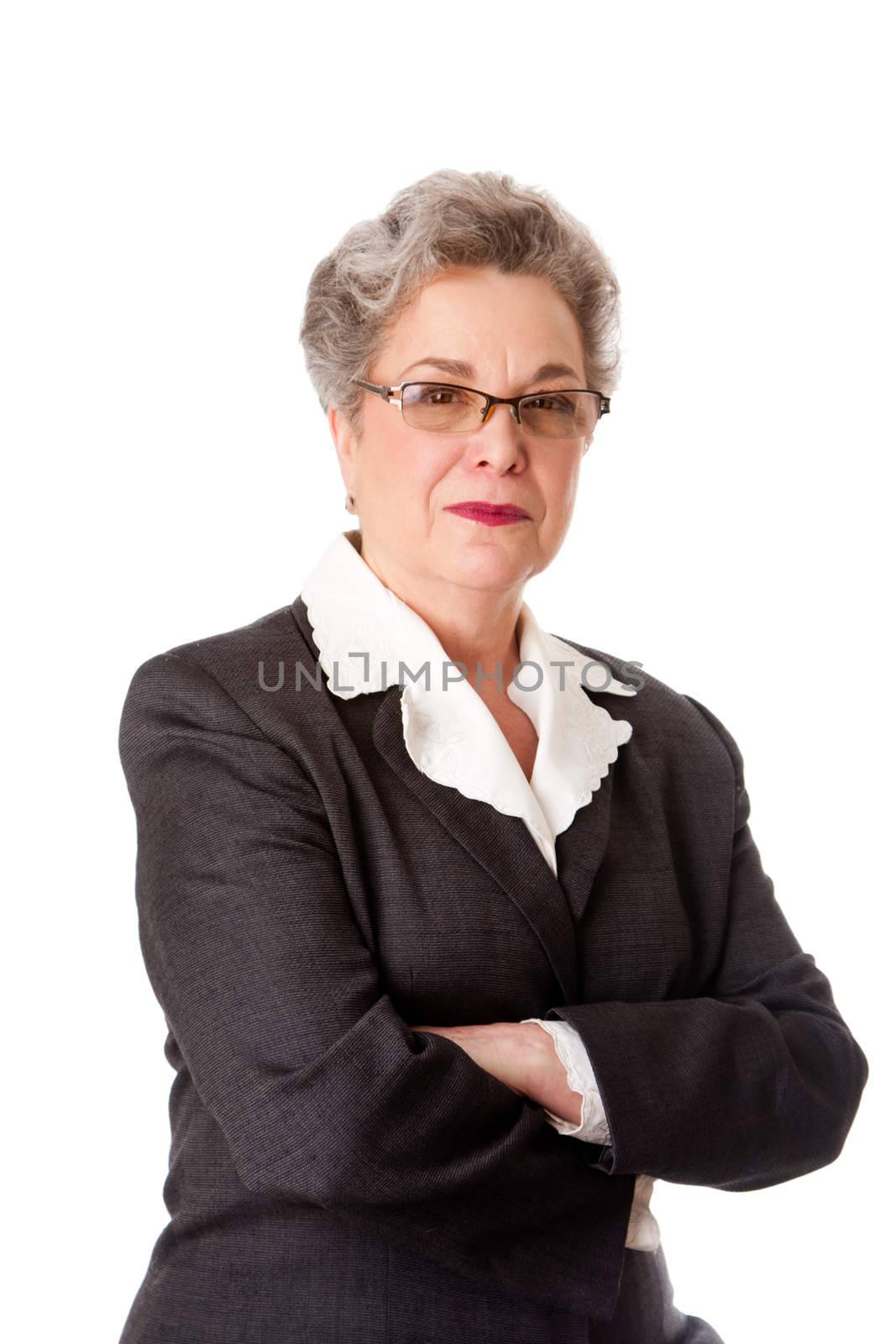 Experienced female business lawyer in suit. Beautiful Senior old woman with arms crossed, isolated.