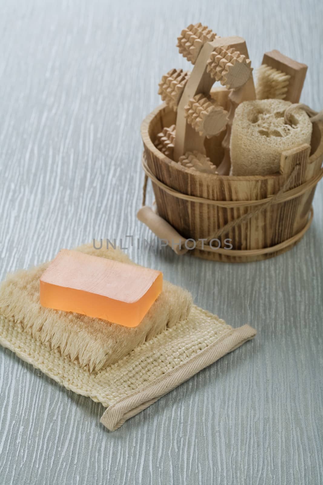 soap on bast with wooden bucket