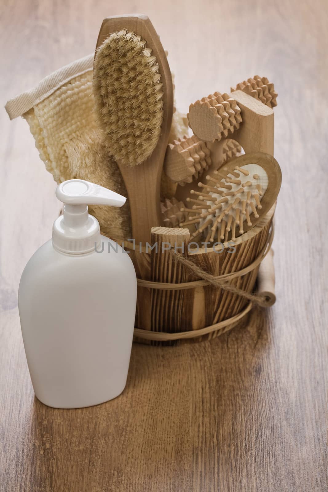 wooden bucket with bottle