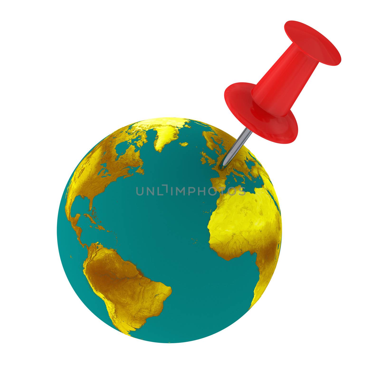 Red pin on Europe isolated on white background. Elements of this image furnished by NASA.