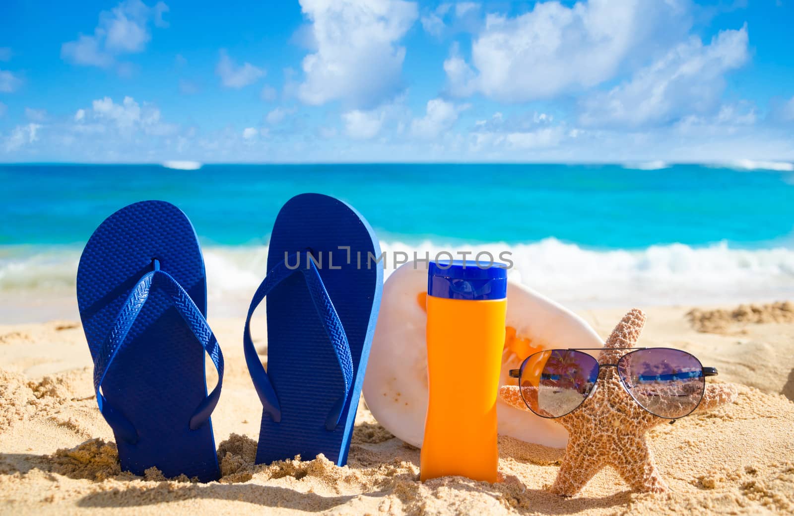 Flip flops, seashell, sunscreen and starfish with sunglasses on  by EllenSmile