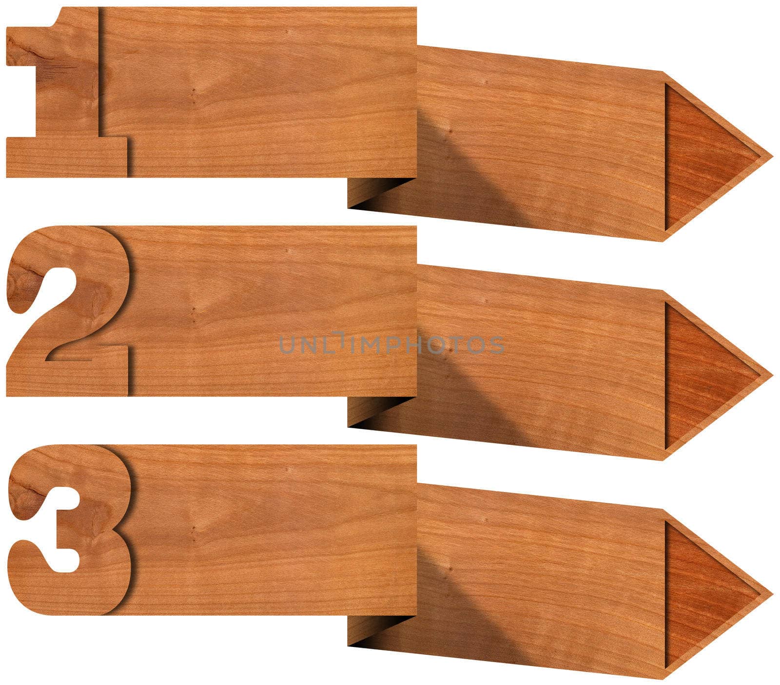 Three wooden banners with arrows and three options on white background