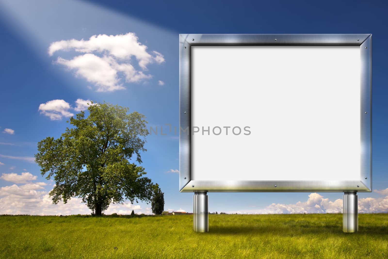 Realistic advertising gray chrome billboard in country landscape with big tree