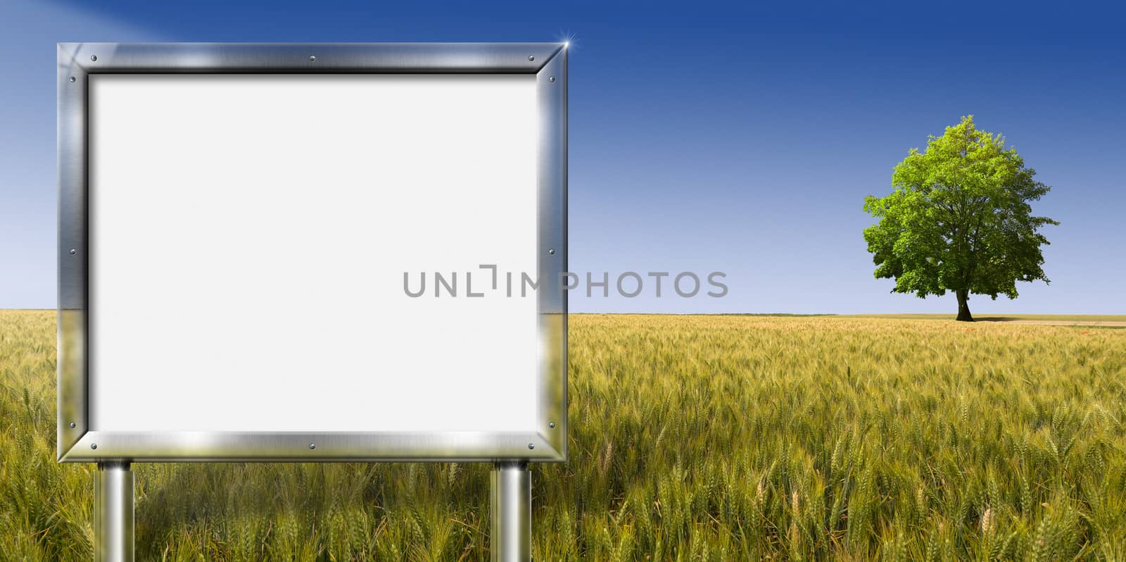 Realistic advertising gray chrome billboard in country landscape with big tree
