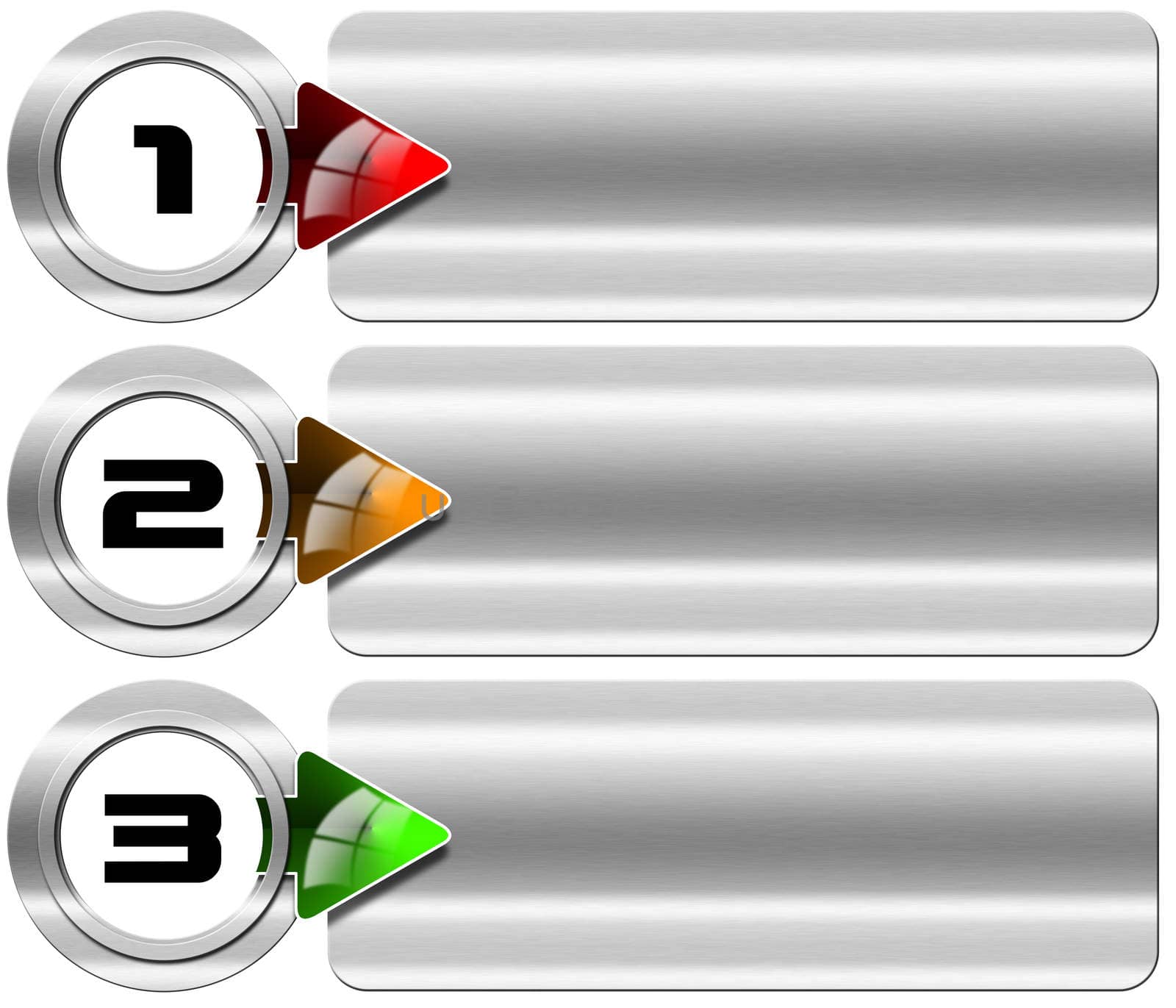 Three metal banners with red, orange and green arrow, metal circle and three options