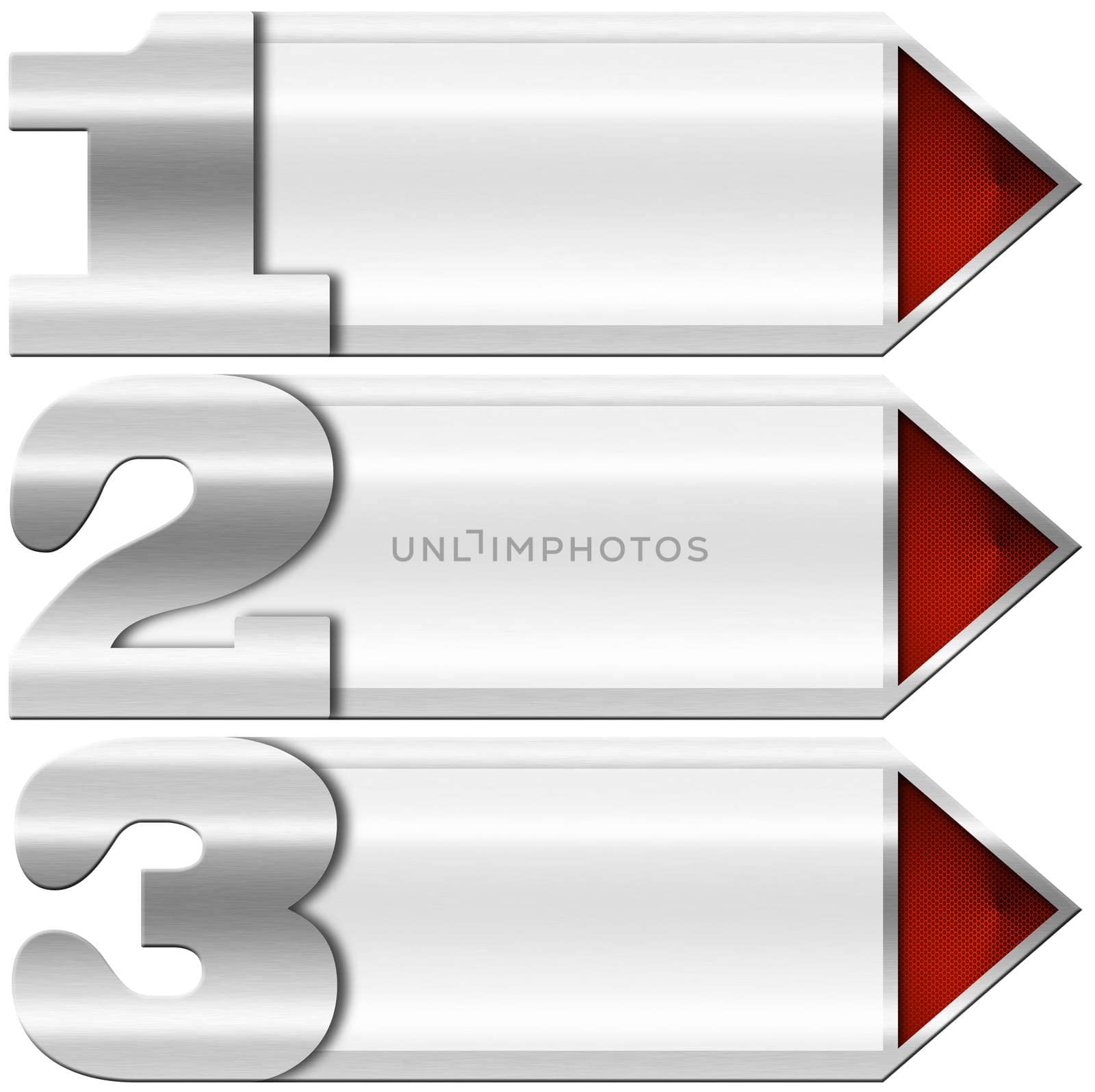 Three metal banners with red arrows and three options on white background
