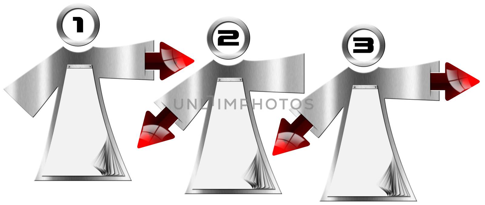 Three metallic banners man-shaped with red arrows and blank pages - Next step