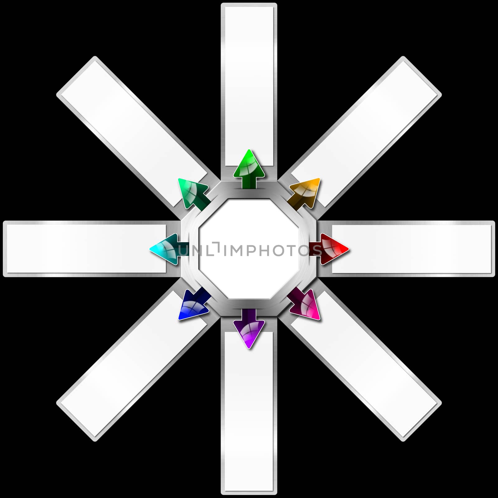 Eight metal banners with multicolored arrows and eight options on black background
