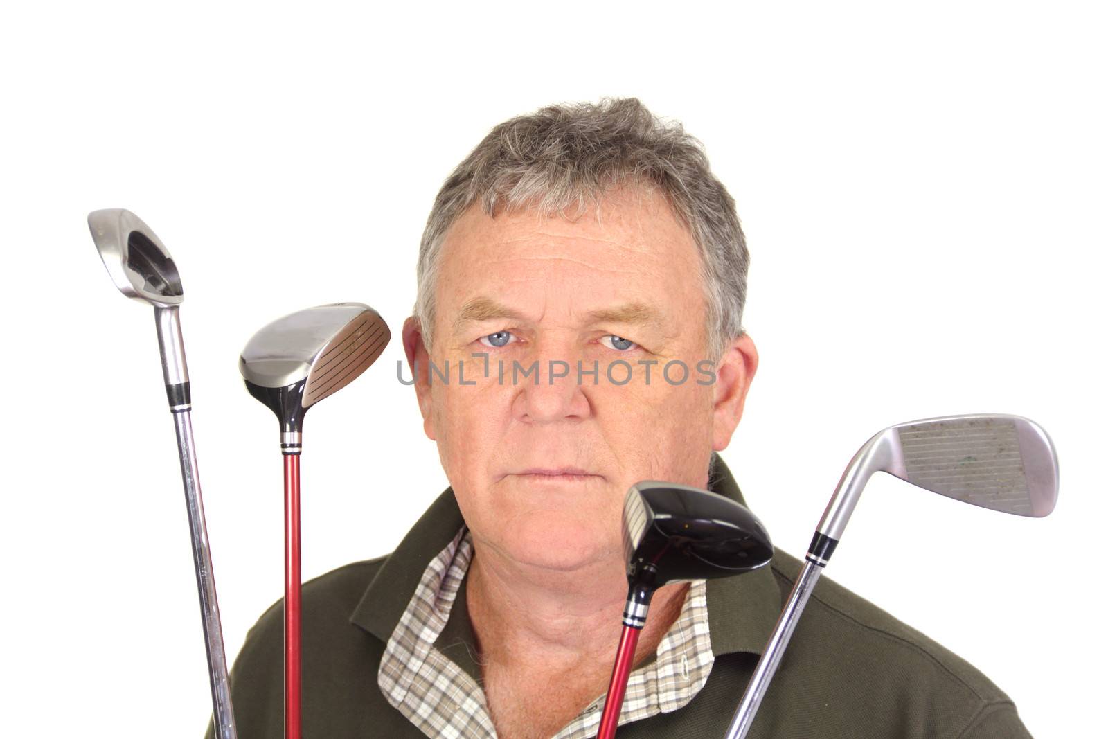 Very angry middle aged golfer with clubs looking at camera.