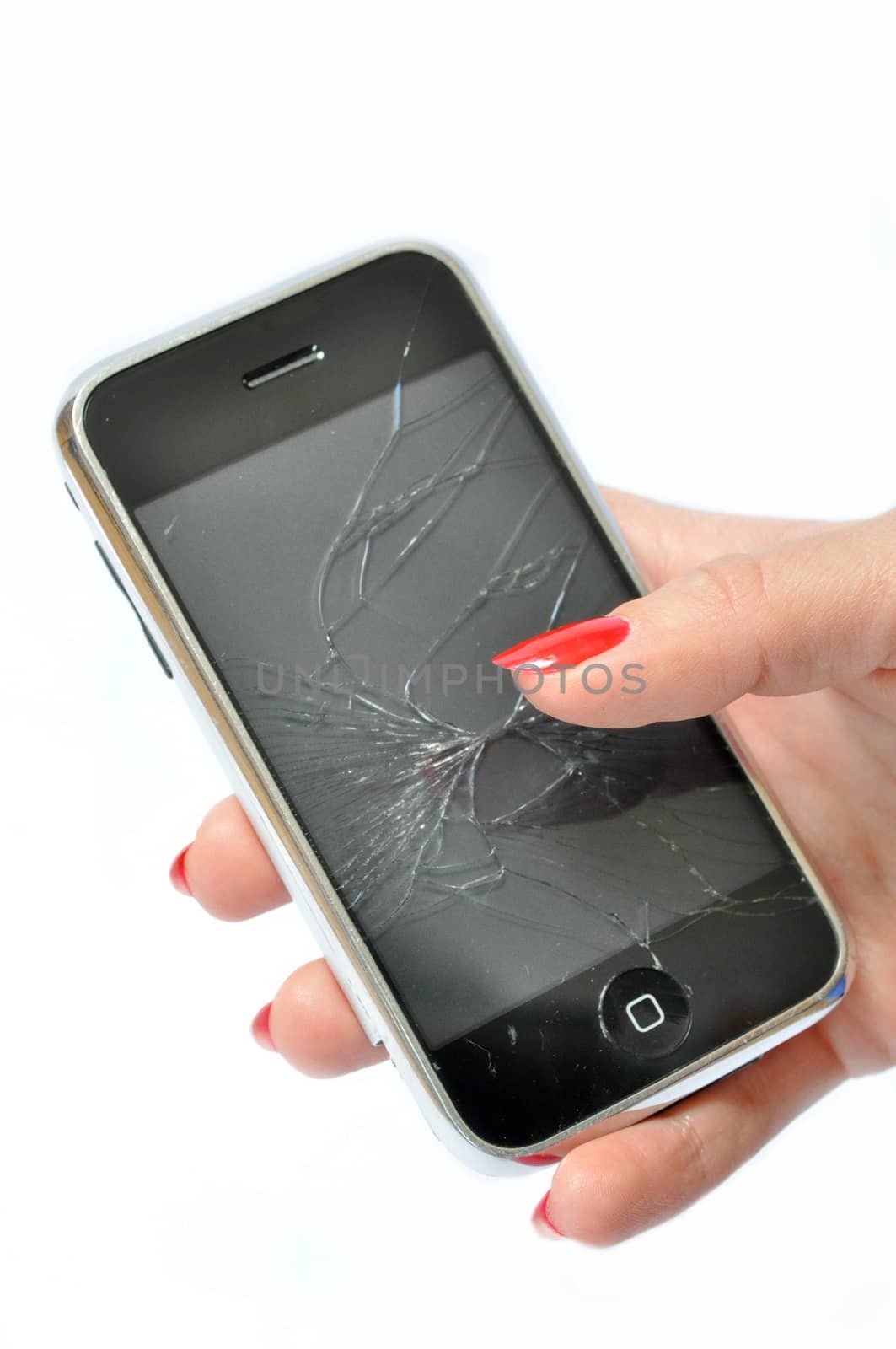Girl with red nails holding a Mobile phone with broken screen by anderm