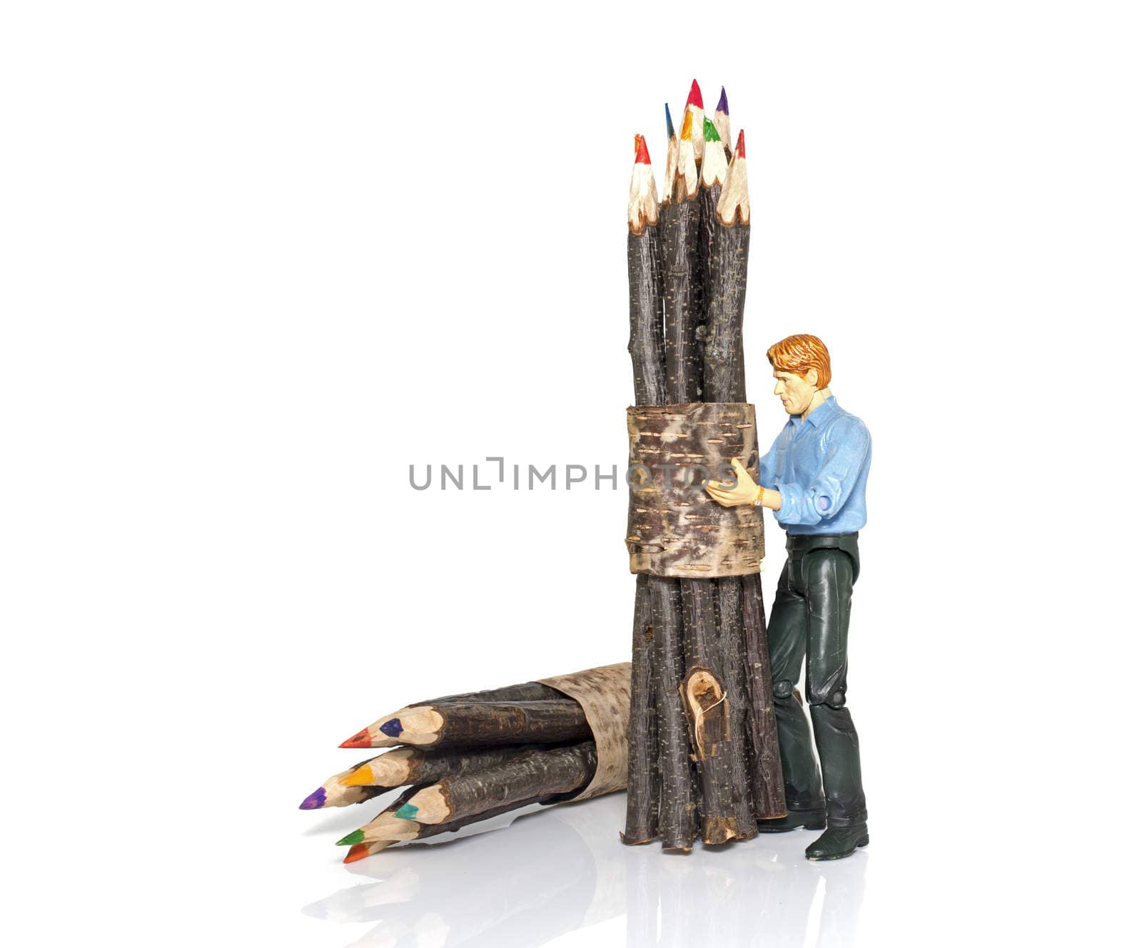man with bunch of colored pencils by compuinfoto