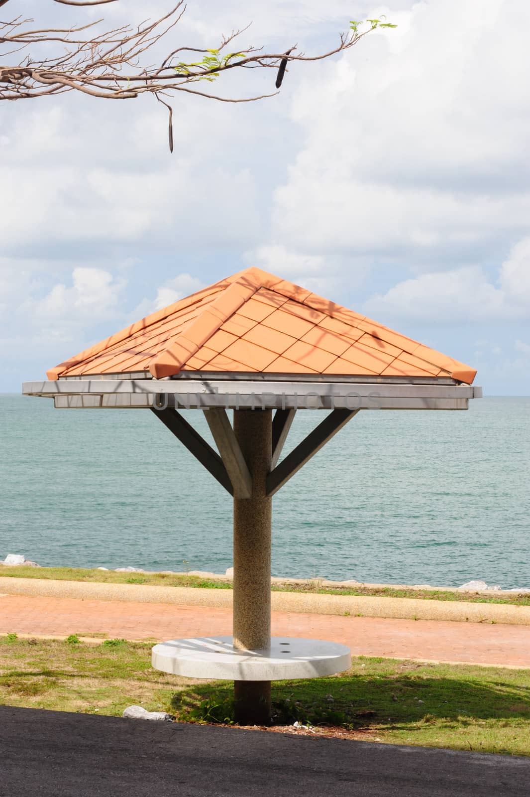 Pavilion near beach in cloudy day.