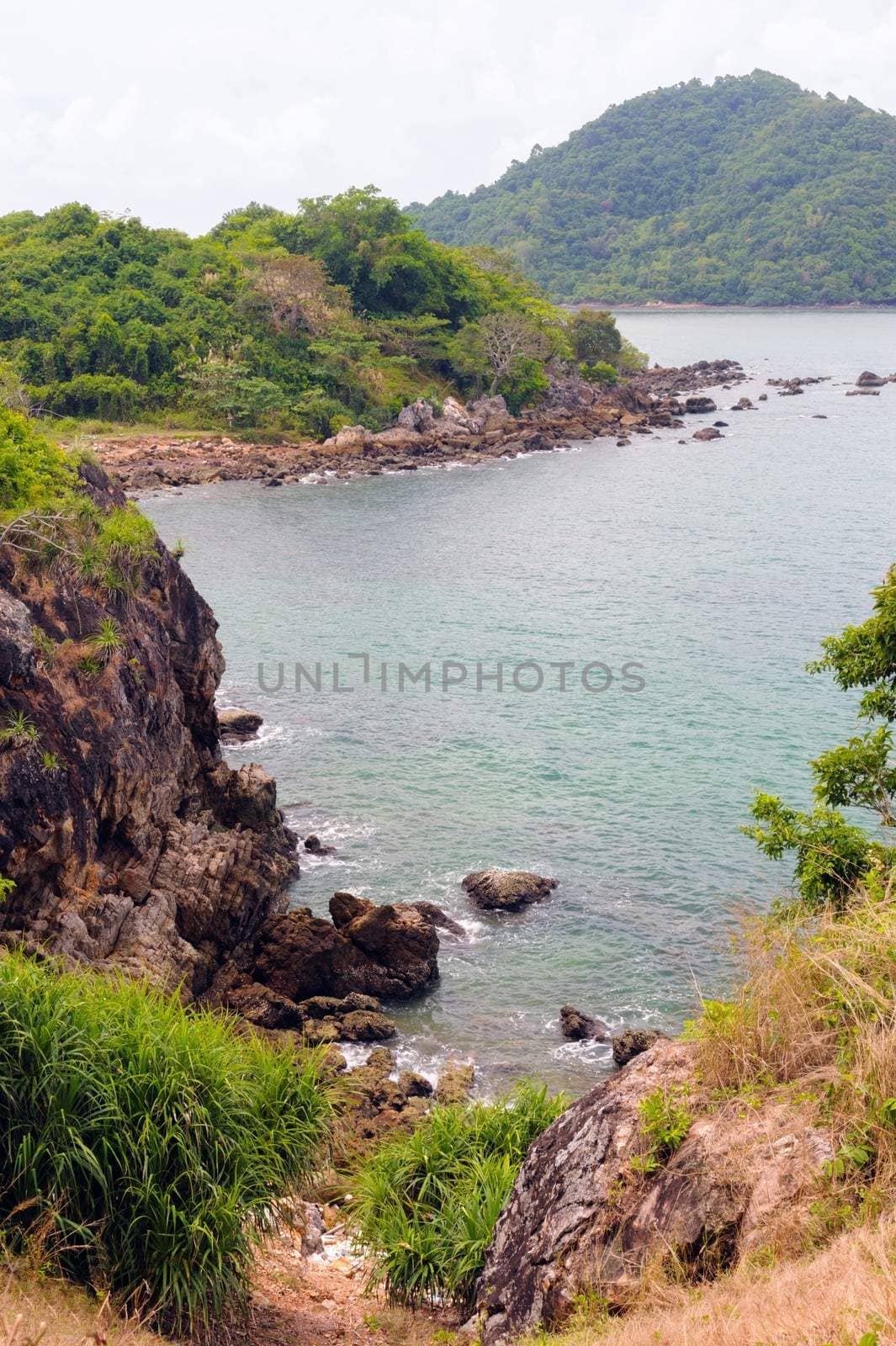 Cliffs beaches on cloudy day in Chanthaburi province, Thailand.