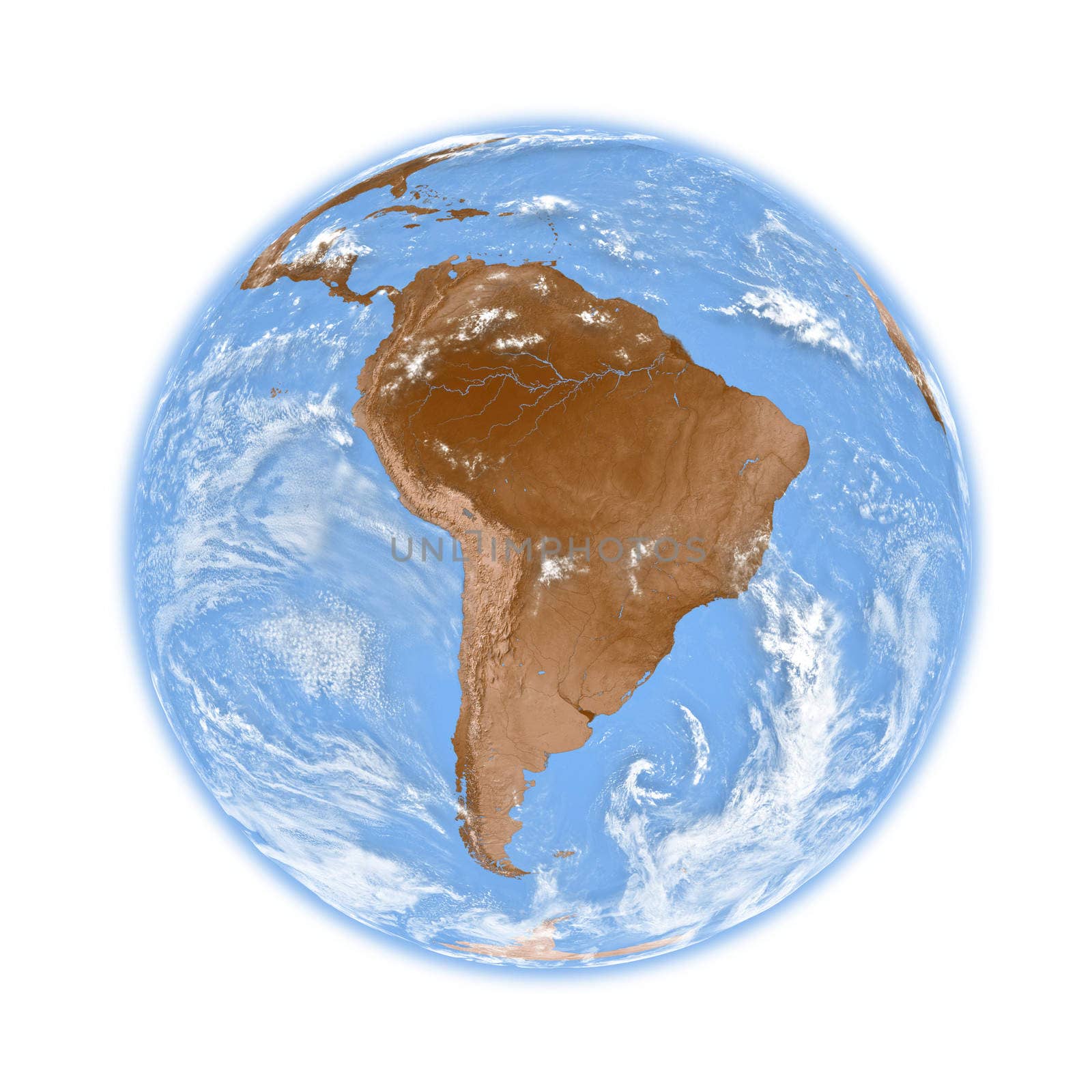 South America on planet Earth isolated on white background. Elements of this image furnished by NASA.