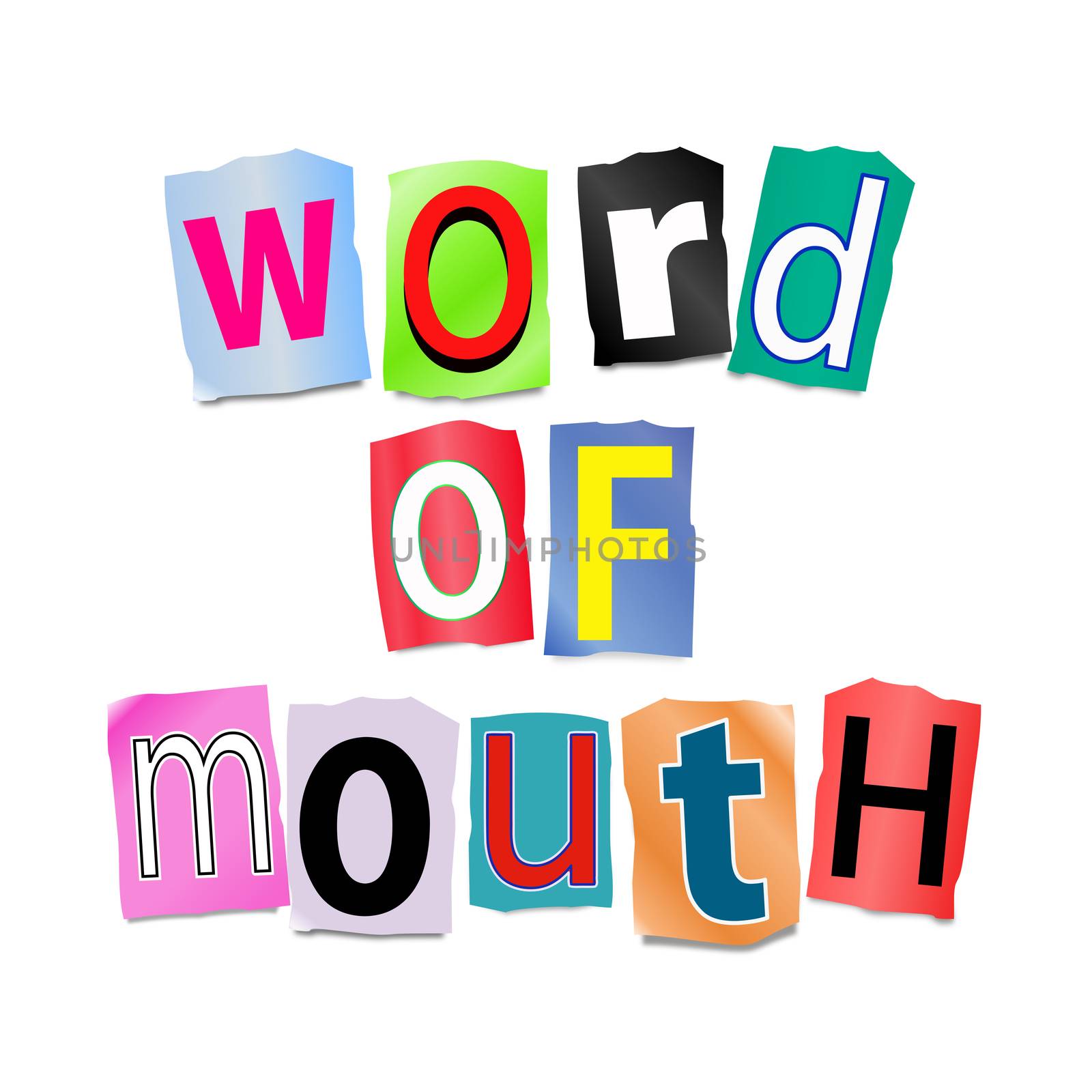 Illustration depicting a set of cut out printed letters formed to arrange the words word of mouth.