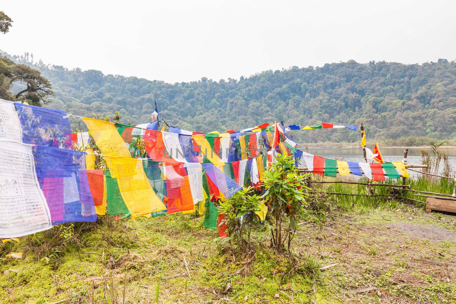 Buddhist flags at sacred lake in Sikkim, India