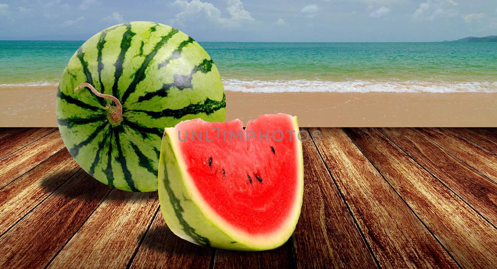 Watermelon from japan on beach, Summer concept