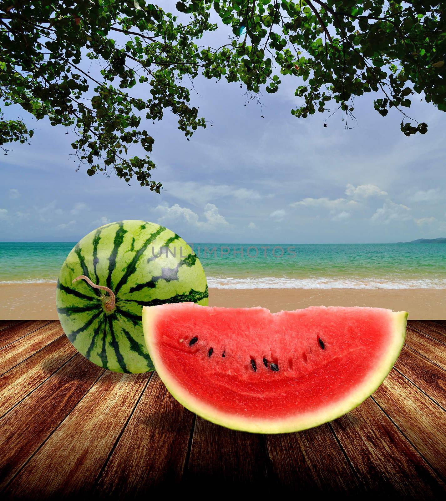 Watermelon from japan on beach, Summer concept