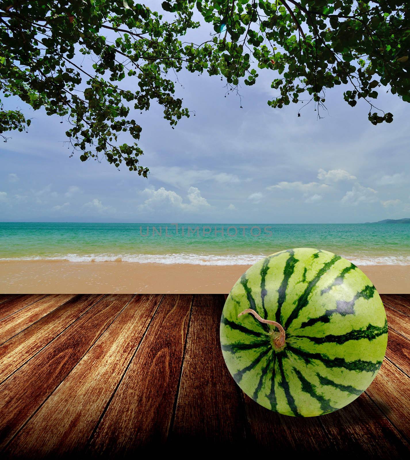 Watermelon from japan on beach, Summer concept by pixbox77