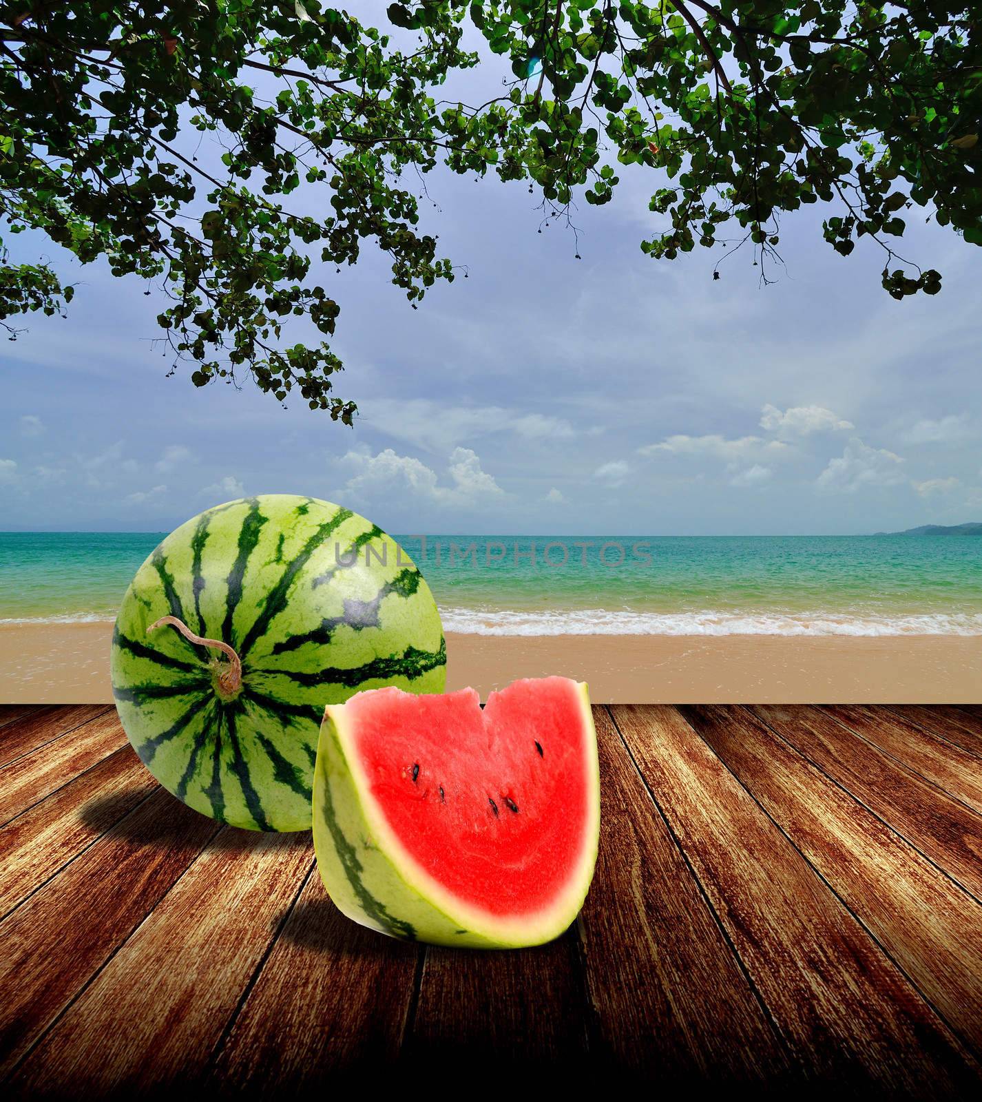 Watermelon from japan on beach, Summer concept by pixbox77