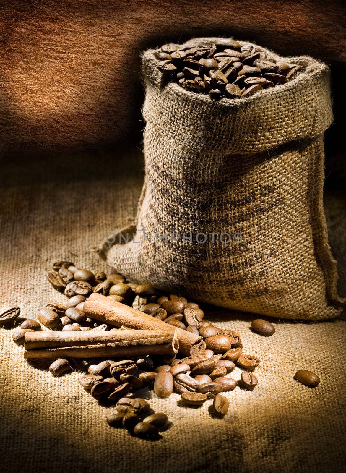 small coffee sack vith cinnamon and copy space