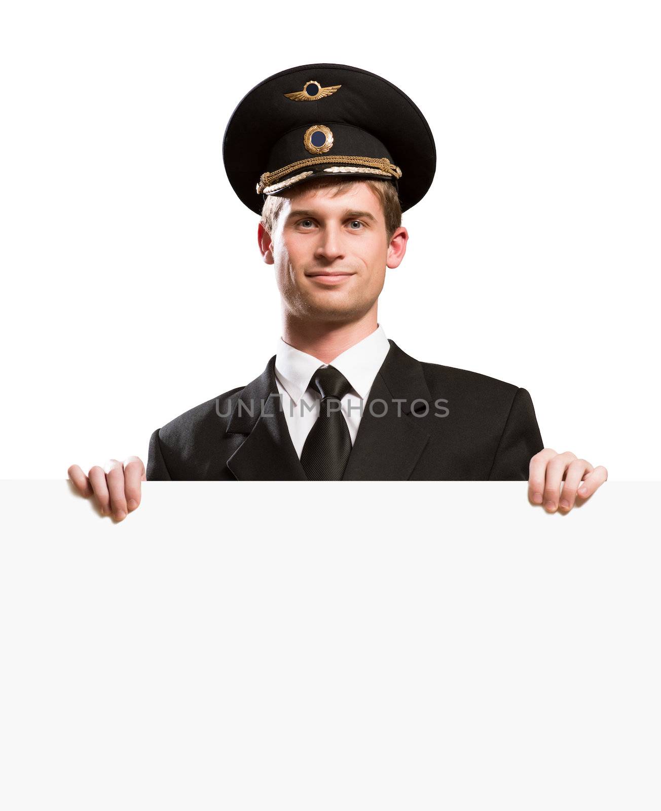 pilot in the form of holding a blank banner isolated on white background