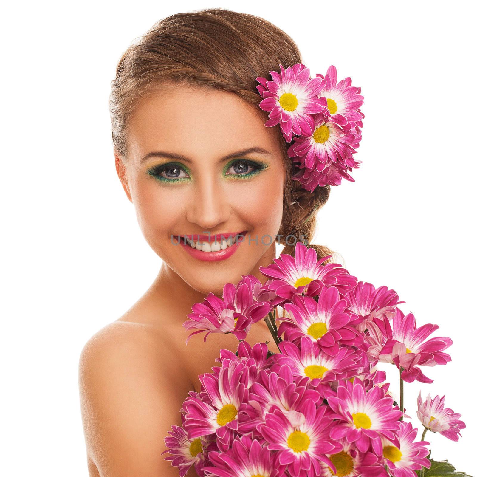 Beautiful young caucasian woman with flowers in hair isolated over white background