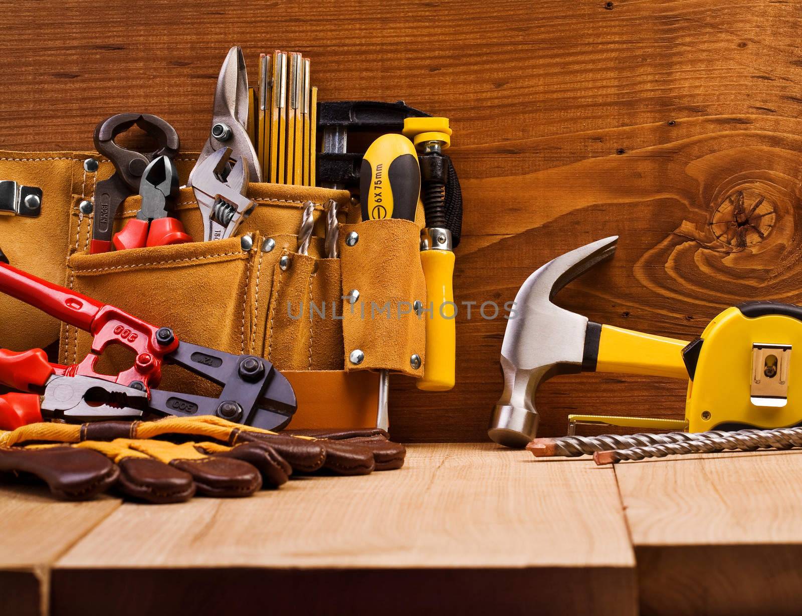 set of working tools on board backgroumd