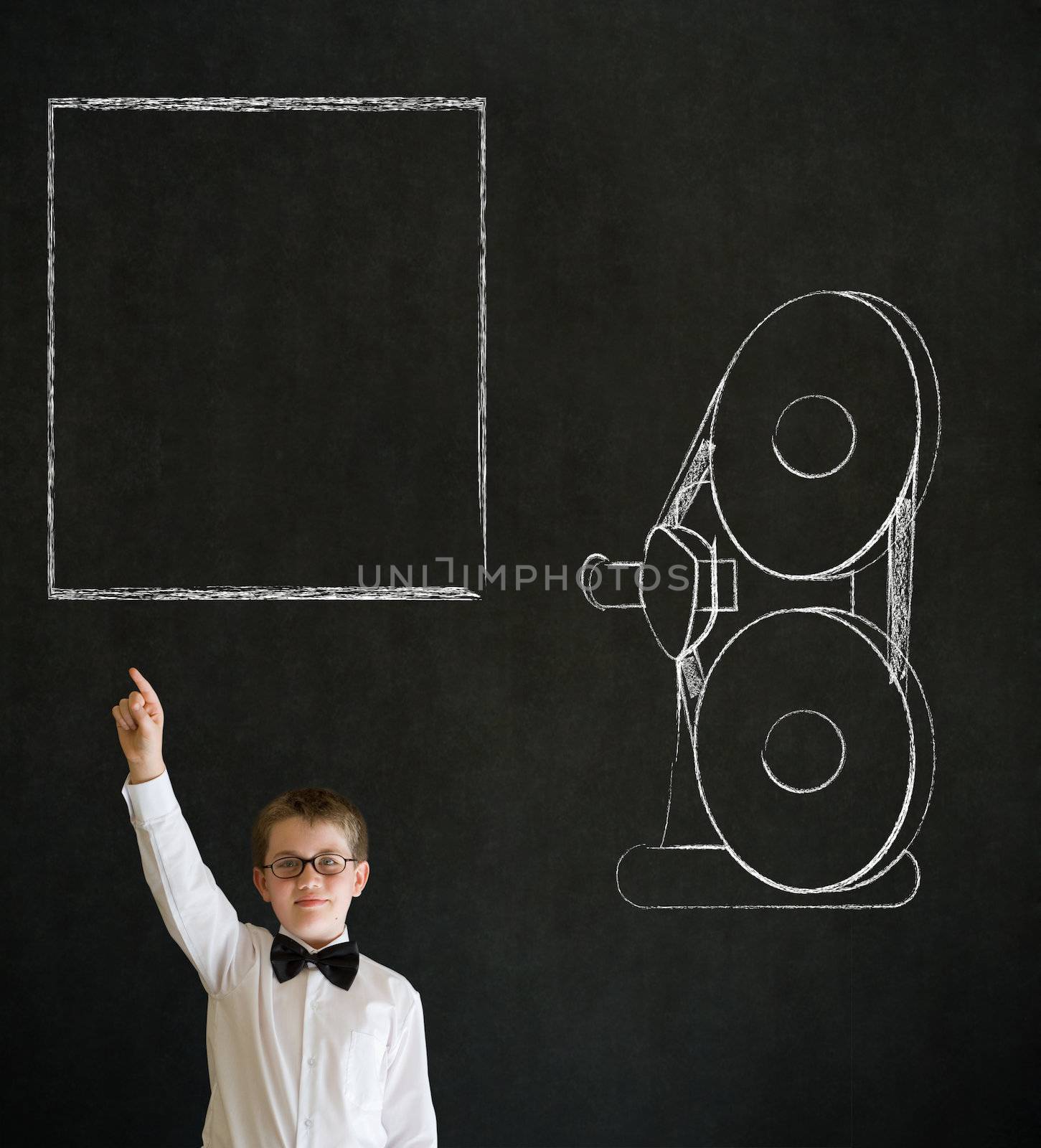 Hand up answer boy business man with retro chalk film projector by alistaircotton