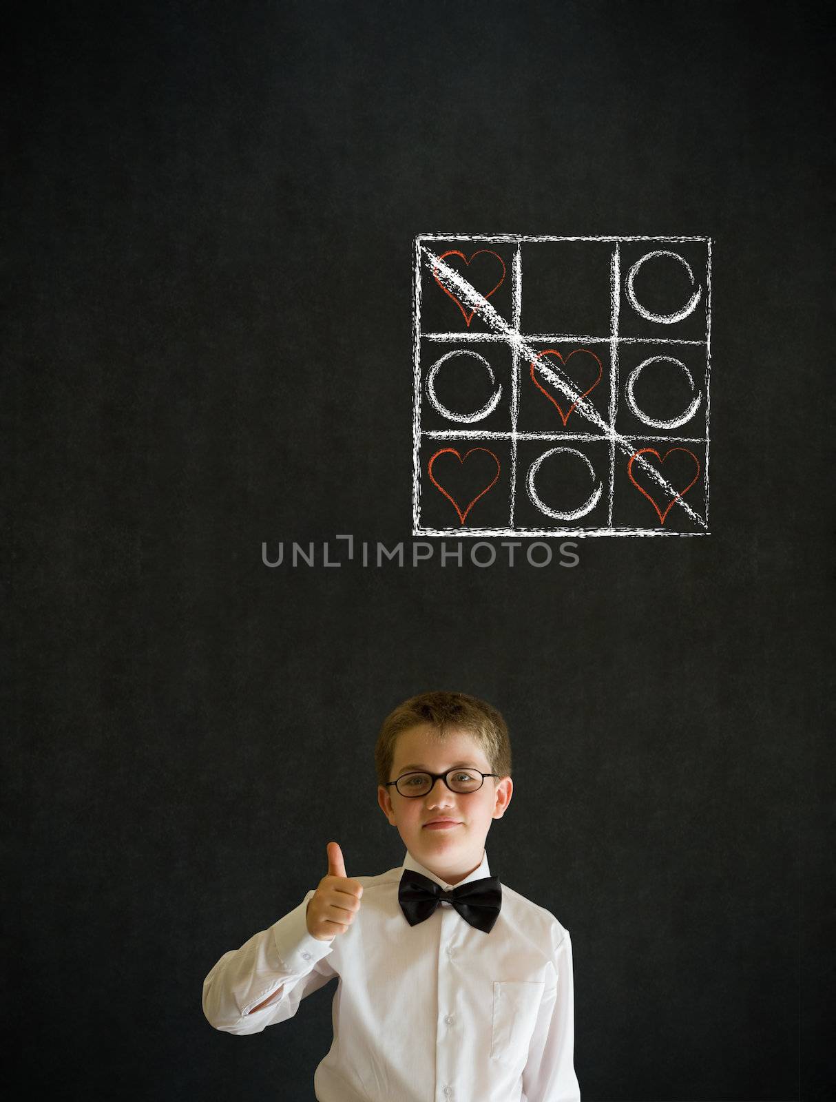 Thumbs up boy business man with chalk tic tac toe love valentine by alistaircotton