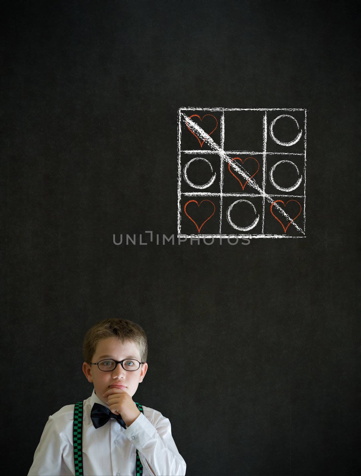 Thinking boy business man with chalk tic tac toe love valentine by alistaircotton