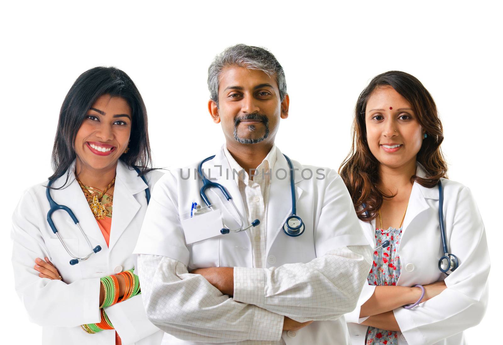Indian doctors. Group of Indian medical doctors, male and female standing isolated on white background.