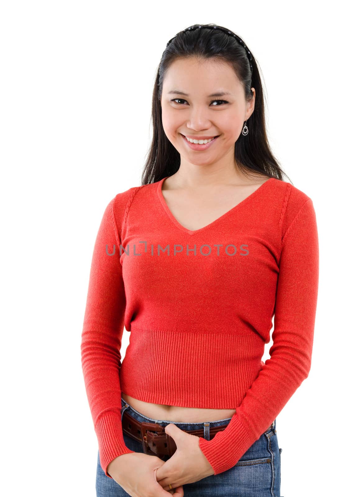 Asian woman portrait in casual wear, standing isolated over white background. Beautiful mixed race Caucasian Southeast Asian woman model.