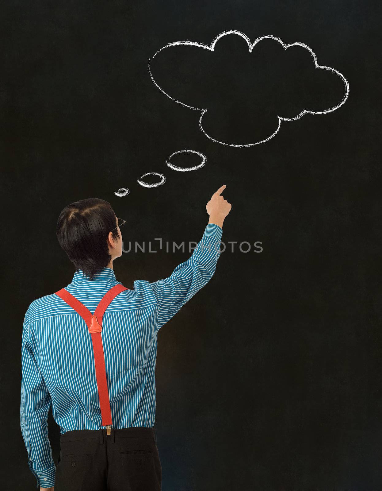 Nerd geek businessman student teacher with thought thinking chalk cloud on blackboard background